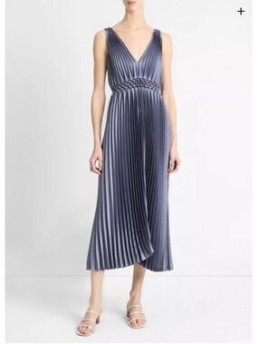 NEW Vince Hand-Smocked Pleated Satin Dress midi elegant